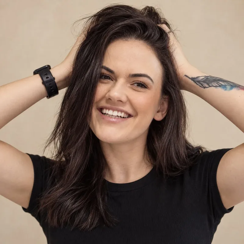 Gislaini Taiani rindo, com as mãos no cabelo